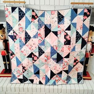 Geometric Floral Quilt - Pink, Blue, and White